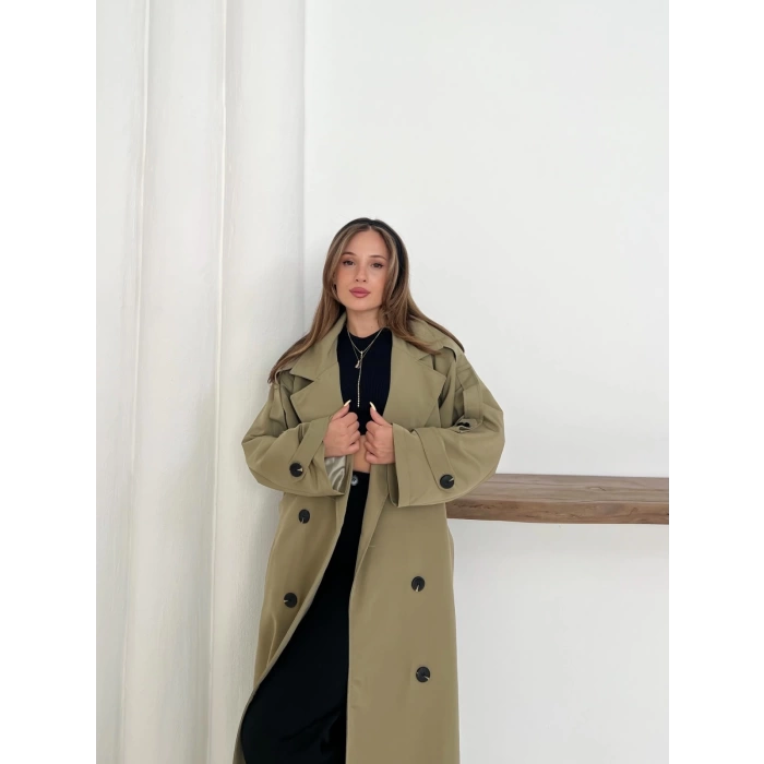 Düğme Detaylı Oversize Trençkot Haki