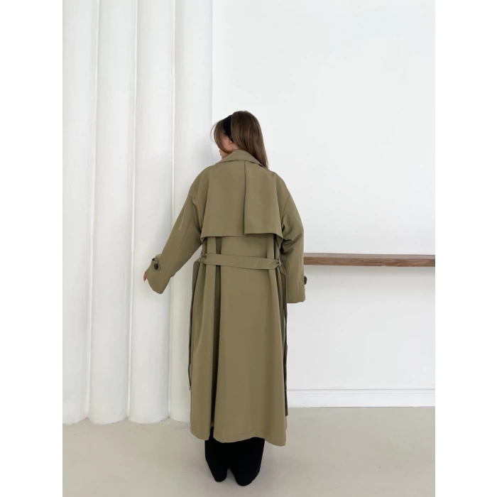 Düğme Detaylı Oversize Trençkot Haki