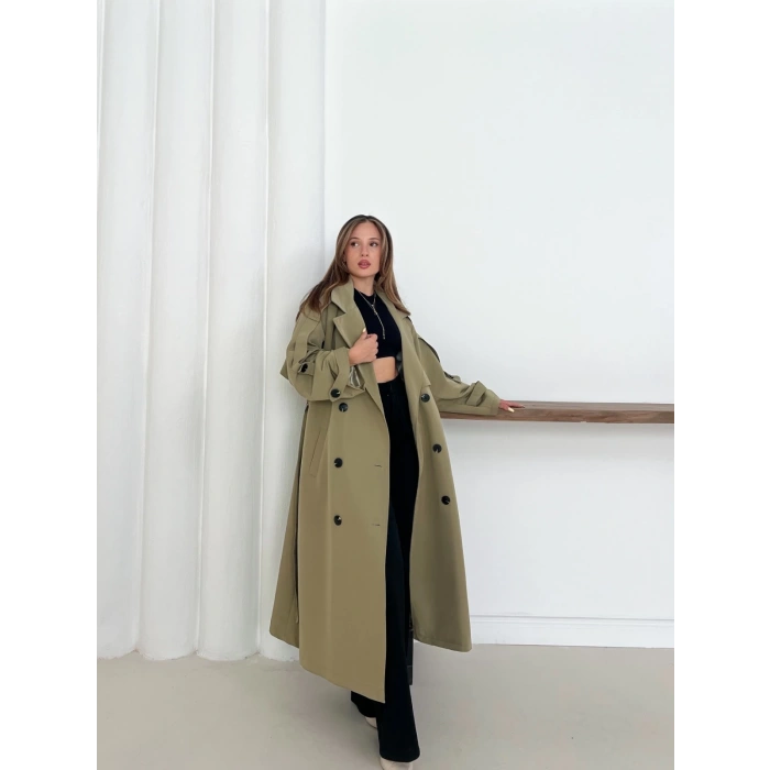 Düğme Detaylı Oversize Trençkot Haki