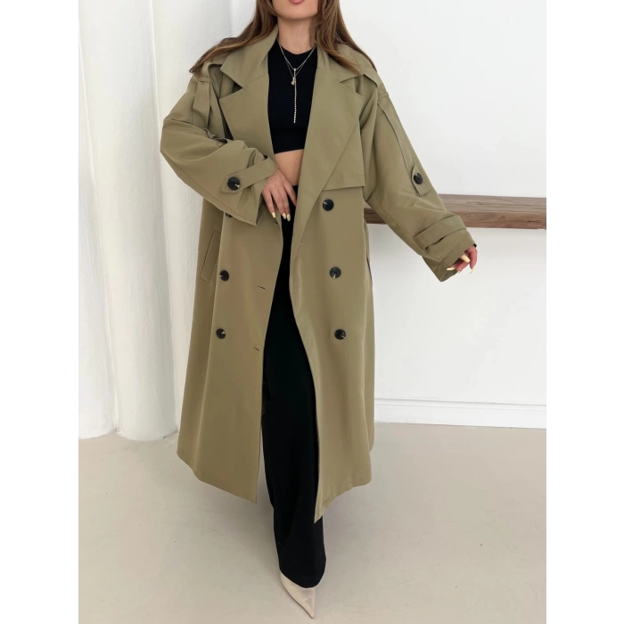 Düğme Detaylı Oversize Trençkot Haki
