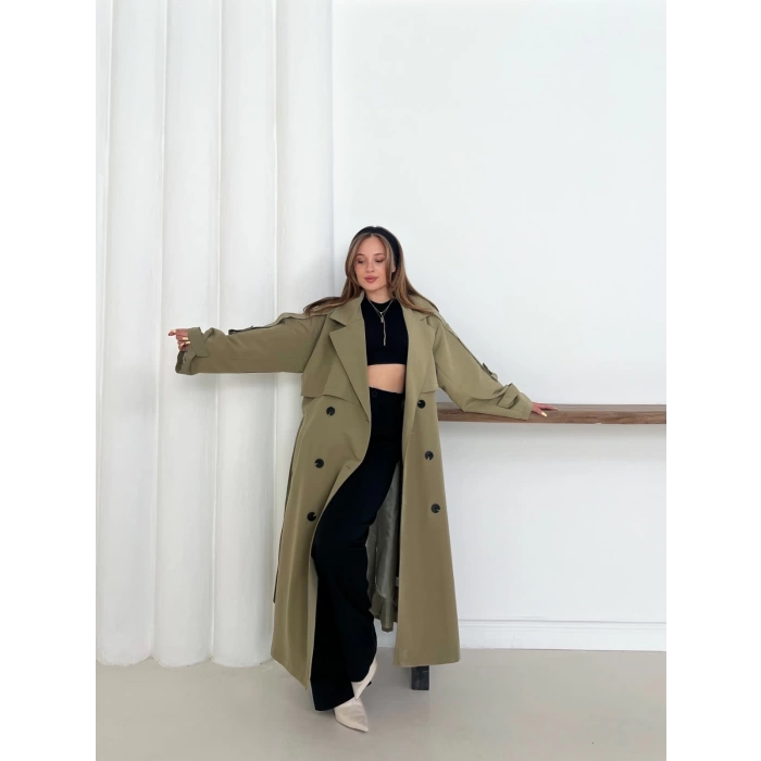 Düğme Detaylı Oversize Trençkot Haki