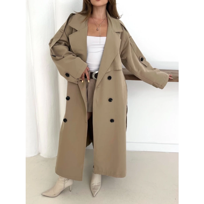 Düğme Detaylı Oversize Trençkot Krem