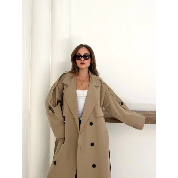 Düğme Detaylı Oversize Trençkot Krem