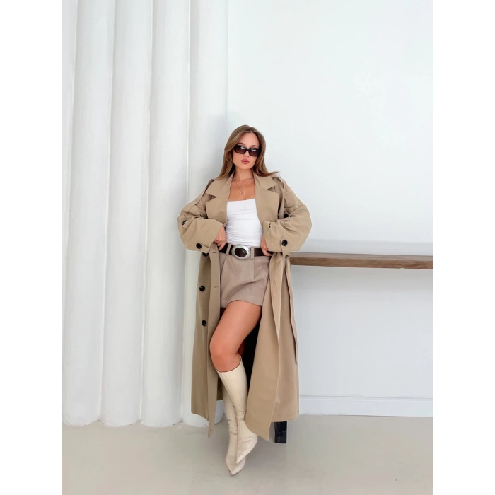 Düğme Detaylı Oversize Trençkot Krem