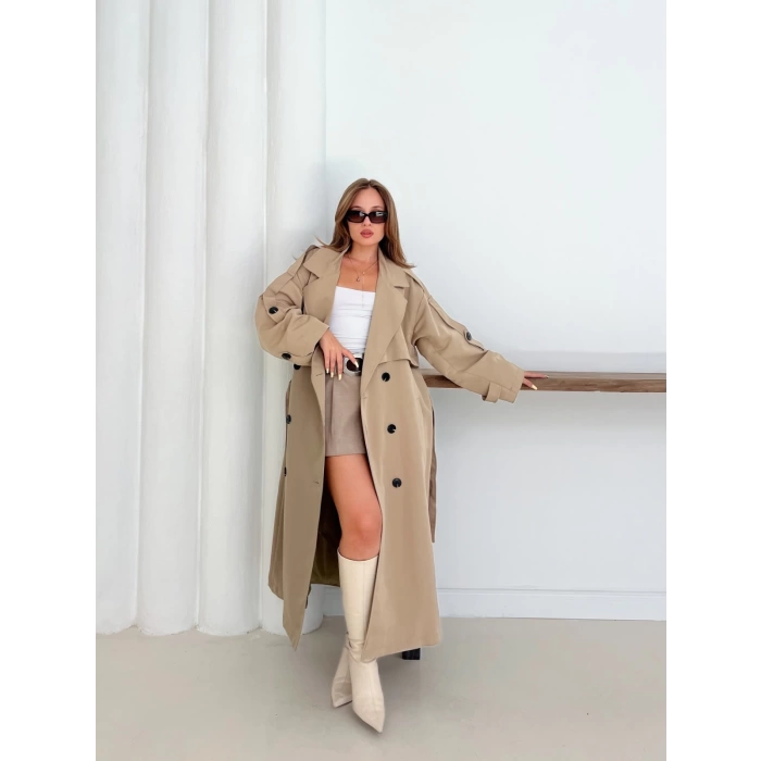 Düğme Detaylı Oversize Trençkot Krem