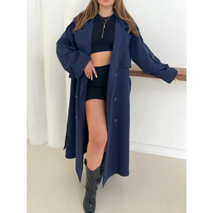 Düğme Detaylı Oversize Trençkot Lacivert