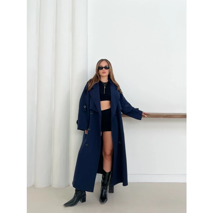 Düğme Detaylı Oversize Trençkot Lacivert