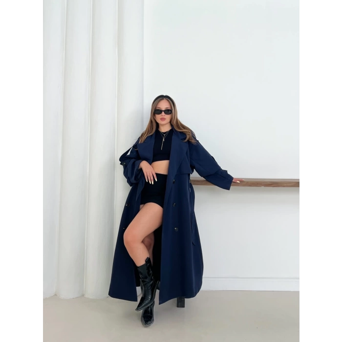 Düğme Detaylı Oversize Trençkot Lacivert