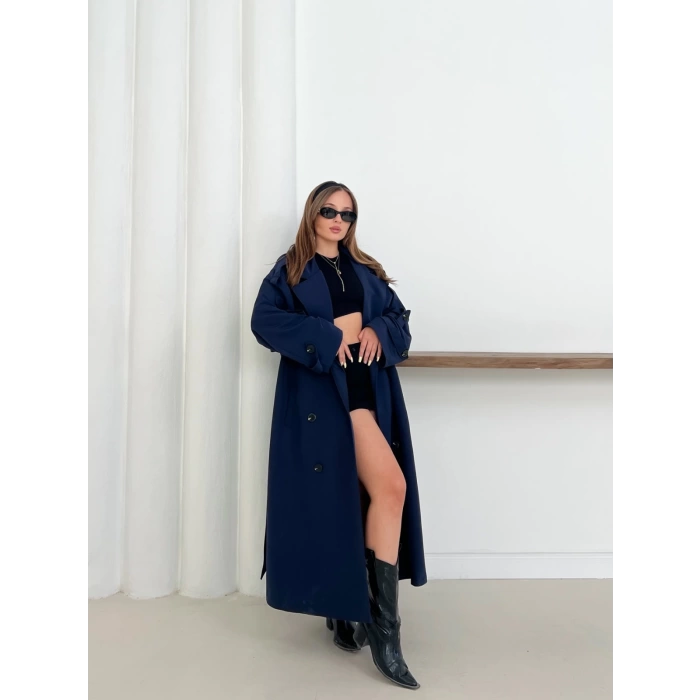 Düğme Detaylı Oversize Trençkot Lacivert