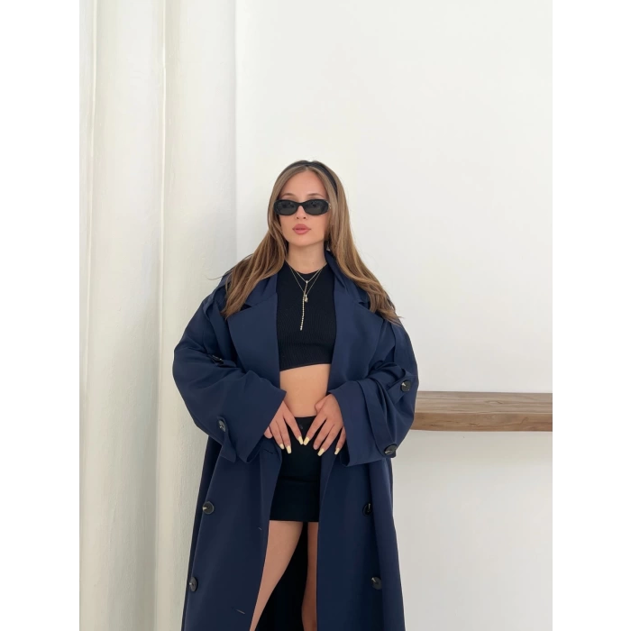 Düğme Detaylı Oversize Trençkot Lacivert
