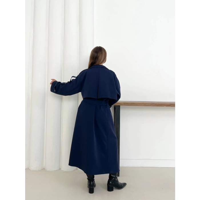 Düğme Detaylı Oversize Trençkot Lacivert