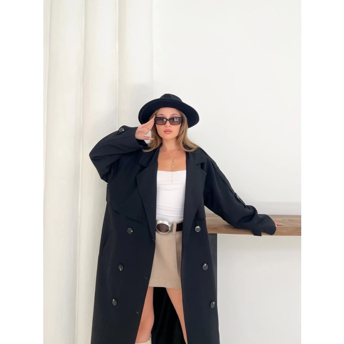 Düğme Detaylı Oversize Trençkot Siyah