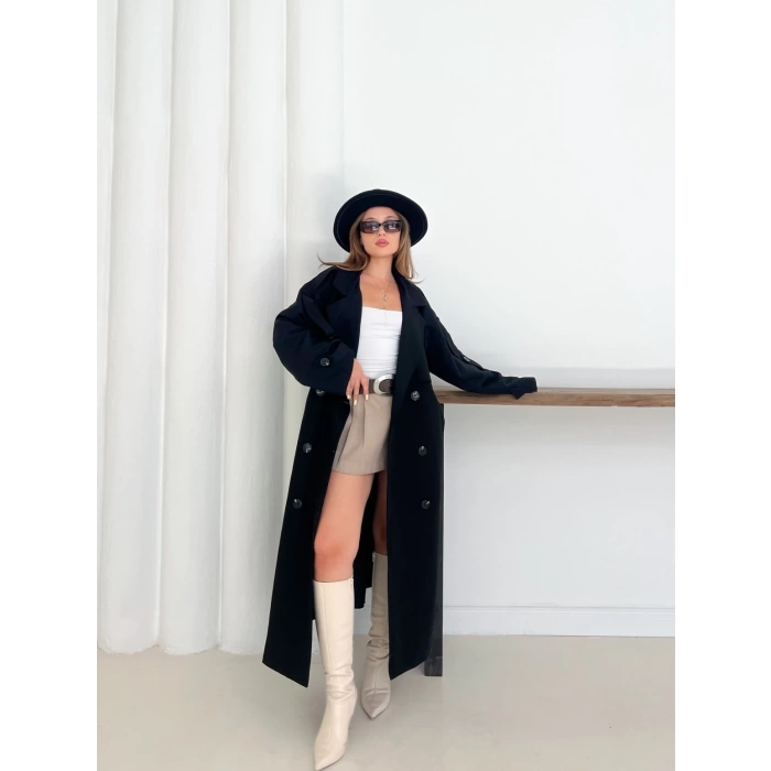 Düğme Detaylı Oversize Trençkot Siyah