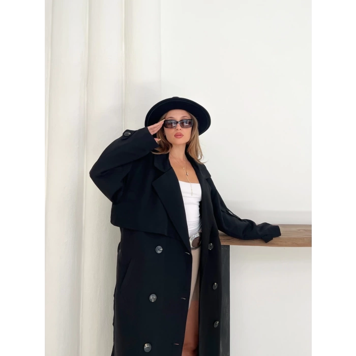 Düğme Detaylı Oversize Trençkot Siyah