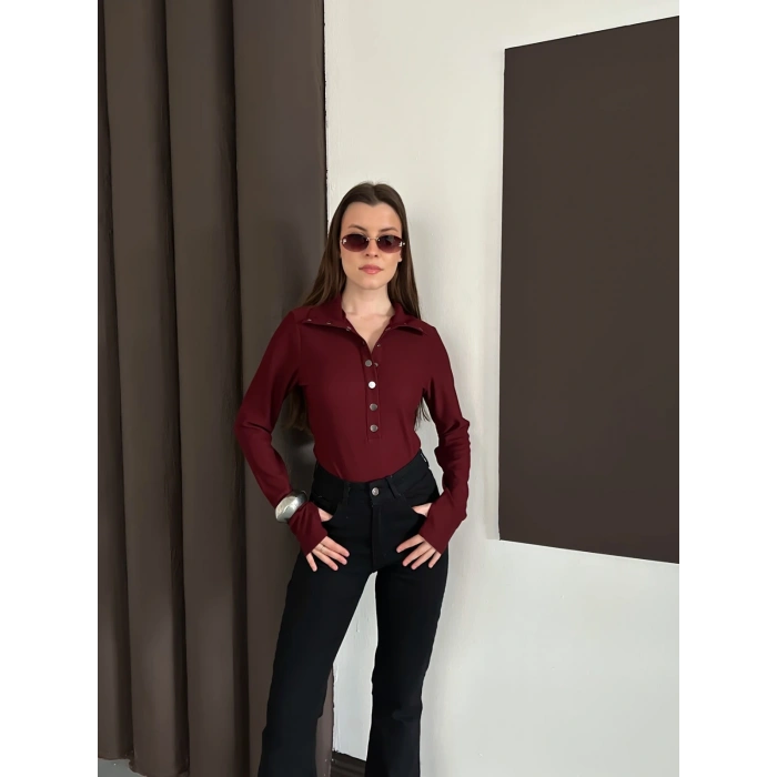 Düğme Detaylı Parmak Geçmeli Bluz Bordo