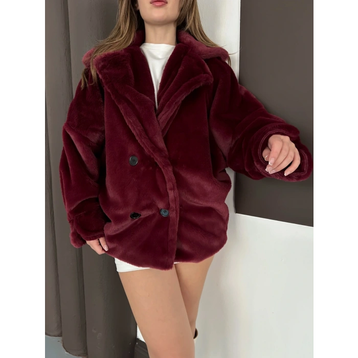 Düğme Detaylı Peluş Kürk Bordo