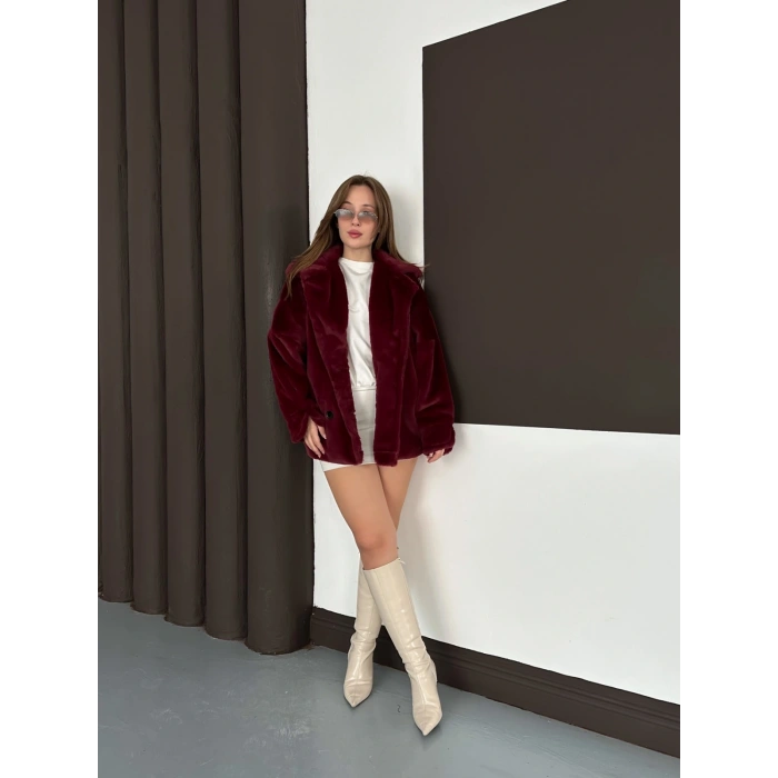 Düğme Detaylı Peluş Kürk Bordo