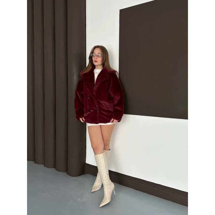 Düğme Detaylı Peluş Kürk Bordo