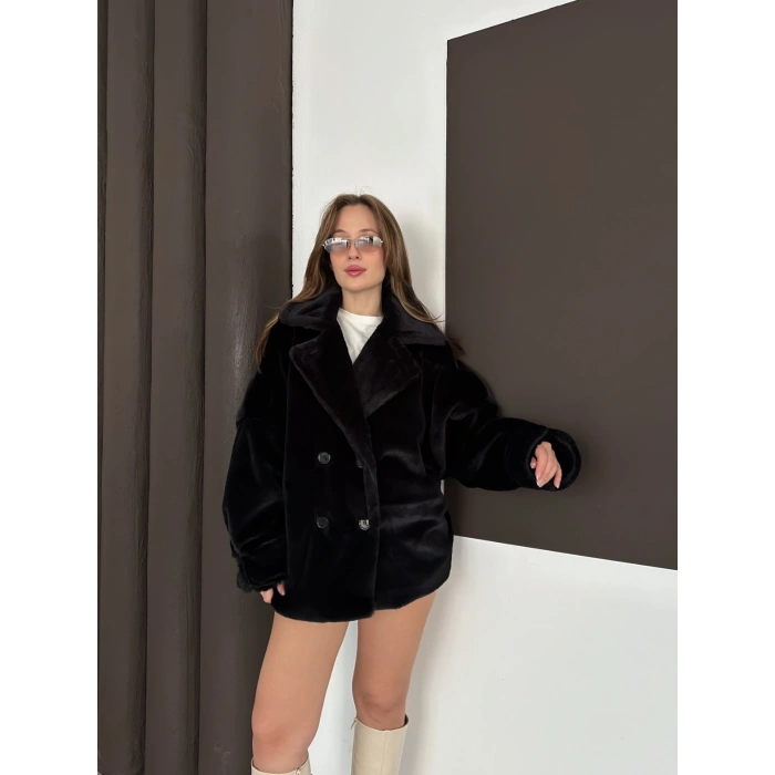 Düğme Detaylı Peluş Kürk Siyah