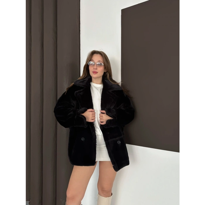 Düğme Detaylı Peluş Kürk Siyah