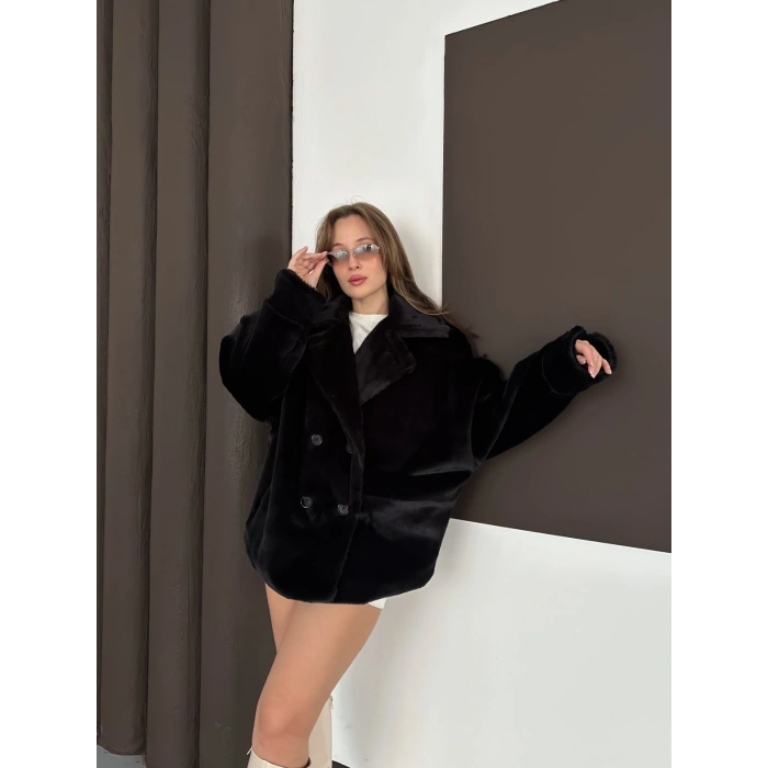 Düğme Detaylı Peluş Kürk Siyah