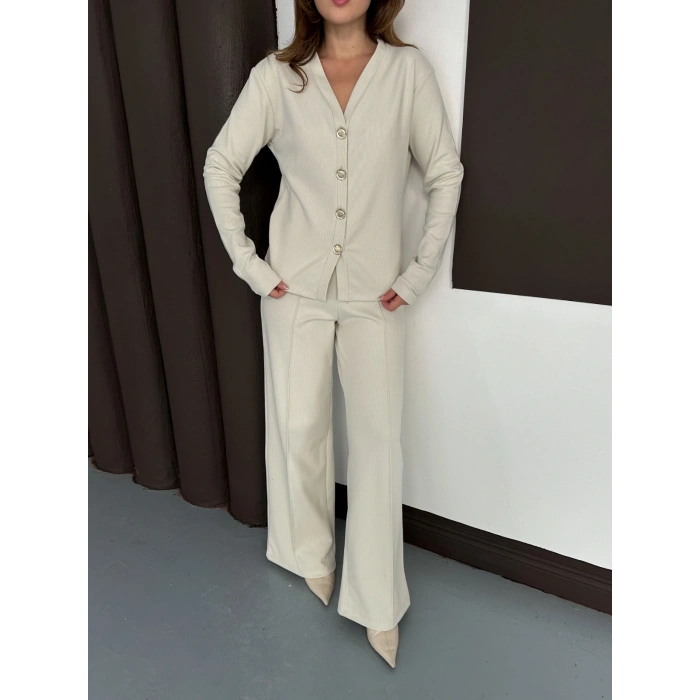 Düğme Detaylı Selanik Kumaş İkili Takım Bej