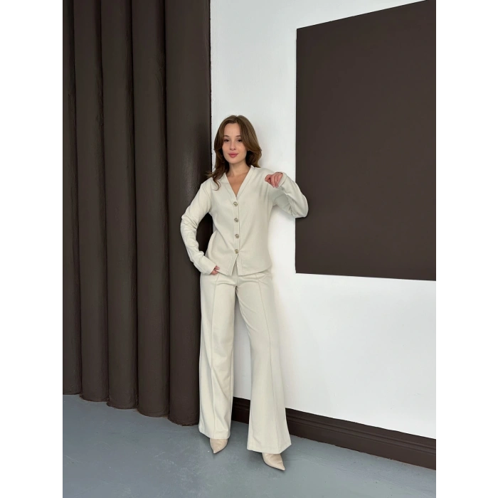 Düğme Detaylı Selanik Kumaş İkili Takım Bej