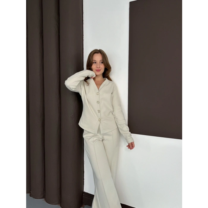 Düğme Detaylı Selanik Kumaş İkili Takım Bej