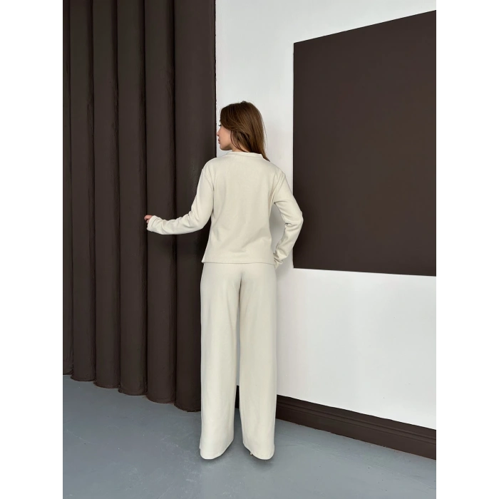 Düğme Detaylı Selanik Kumaş İkili Takım Bej