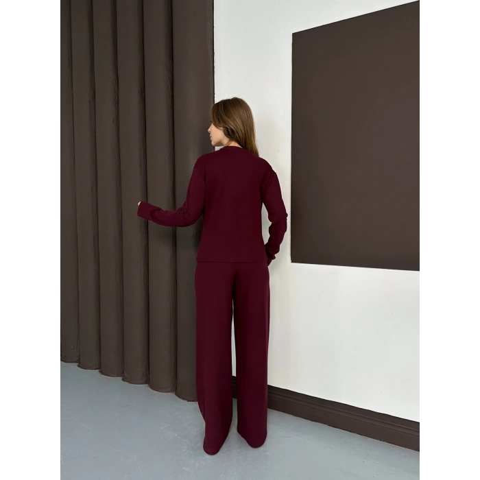 Düğme Detaylı Selanik Kumaş İkili Takım Bordo