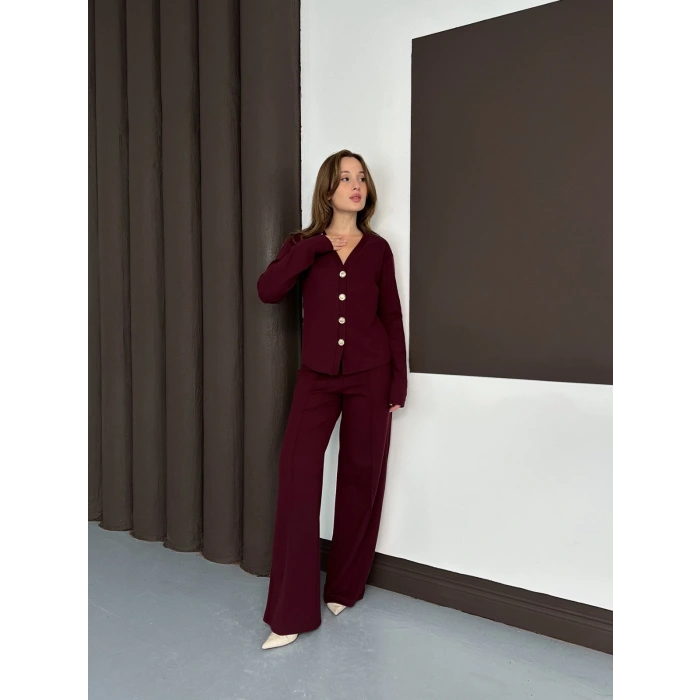 Düğme Detaylı Selanik Kumaş İkili Takım Bordo