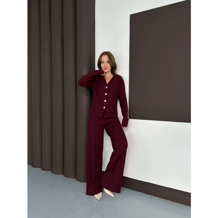 Düğme Detaylı Selanik Kumaş İkili Takım Bordo