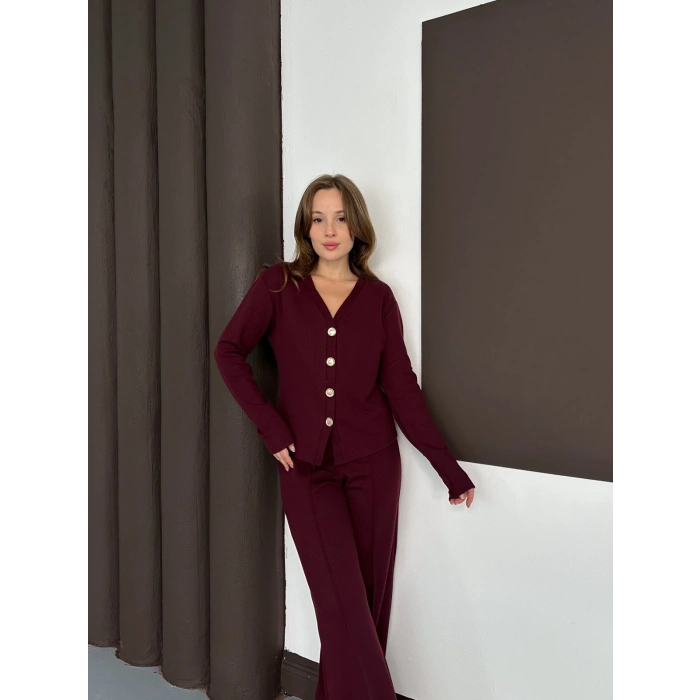 Düğme Detaylı Selanik Kumaş İkili Takım Bordo