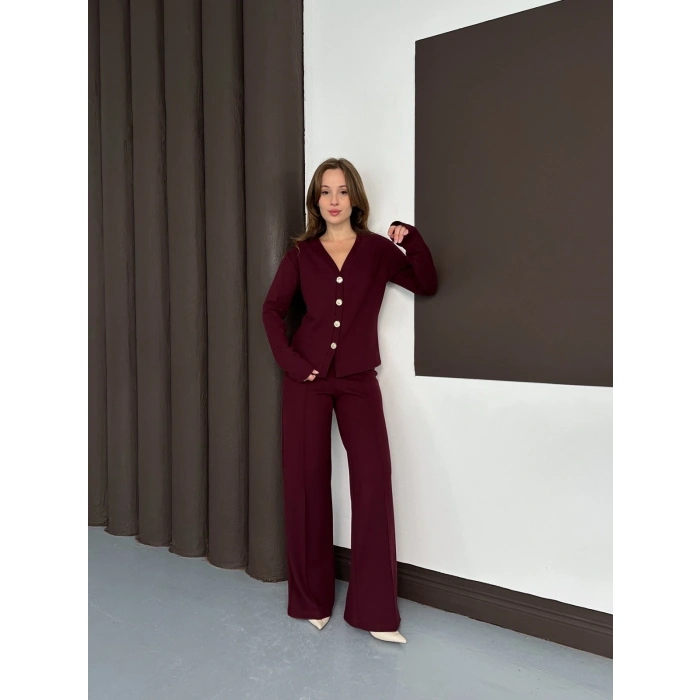 Düğme Detaylı Selanik Kumaş İkili Takım Bordo