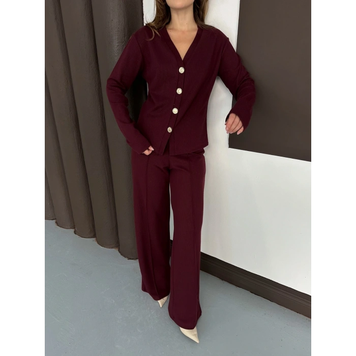 Düğme Detaylı Selanik Kumaş İkili Takım Bordo