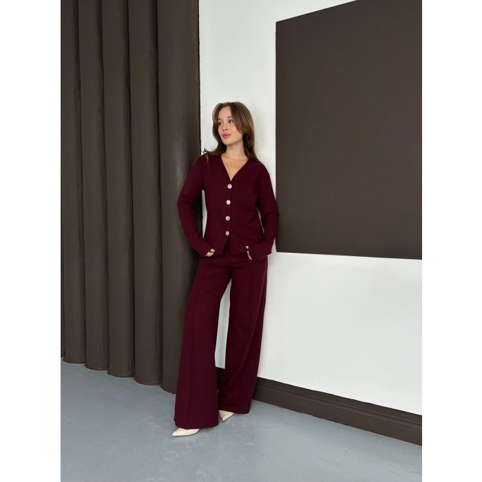 Düğme Detaylı Selanik Kumaş İkili Takım Bordo