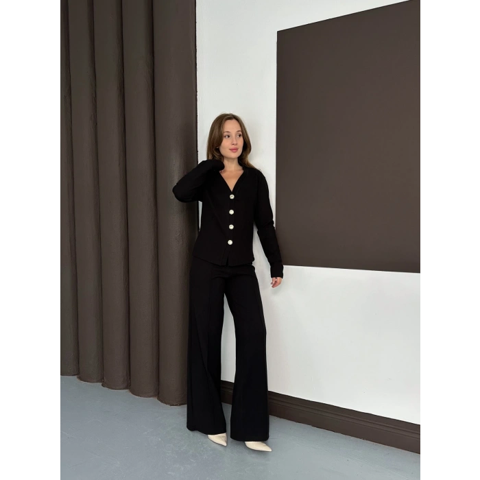 Düğme Detaylı Selanik Kumaş İkili Takım Siyah