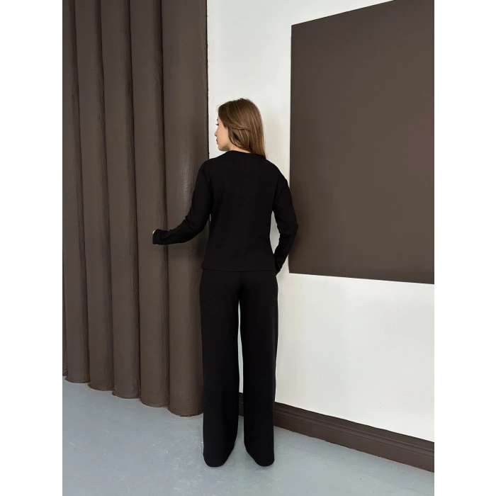 Düğme Detaylı Selanik Kumaş İkili Takım Siyah