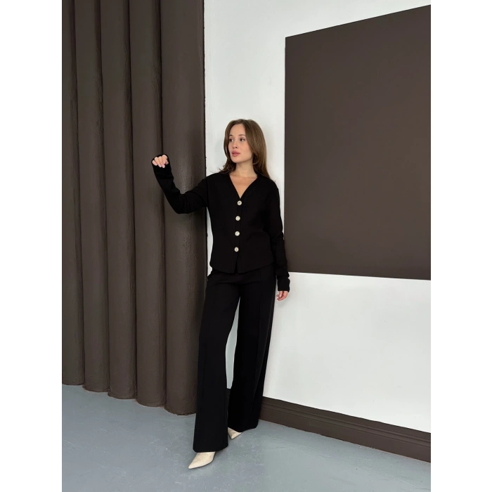 Düğme Detaylı Selanik Kumaş İkili Takım Siyah
