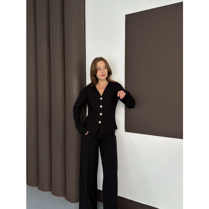 Düğme Detaylı Selanik Kumaş İkili Takım Siyah
