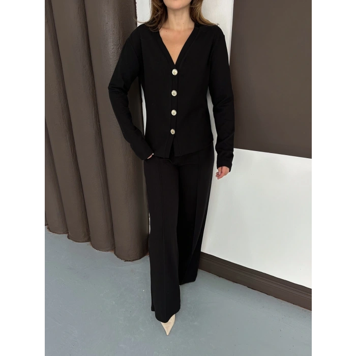 Düğme Detaylı Selanik Kumaş İkili Takım Siyah