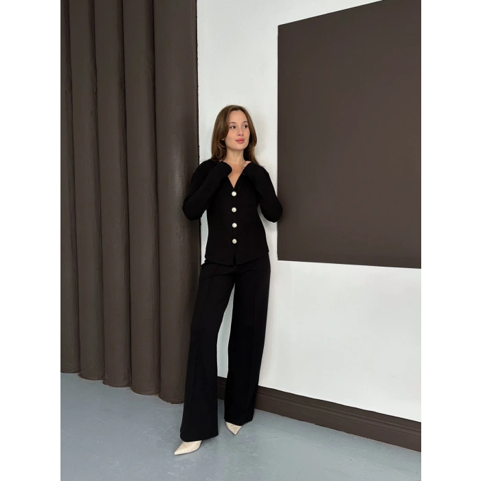 Düğme Detaylı Selanik Kumaş İkili Takım Siyah