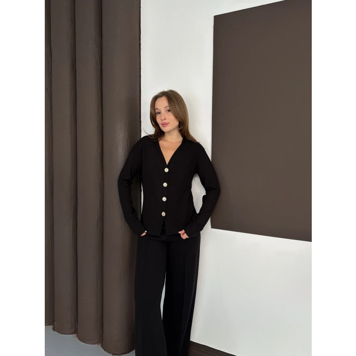 Düğme Detaylı Selanik Kumaş İkili Takım Siyah