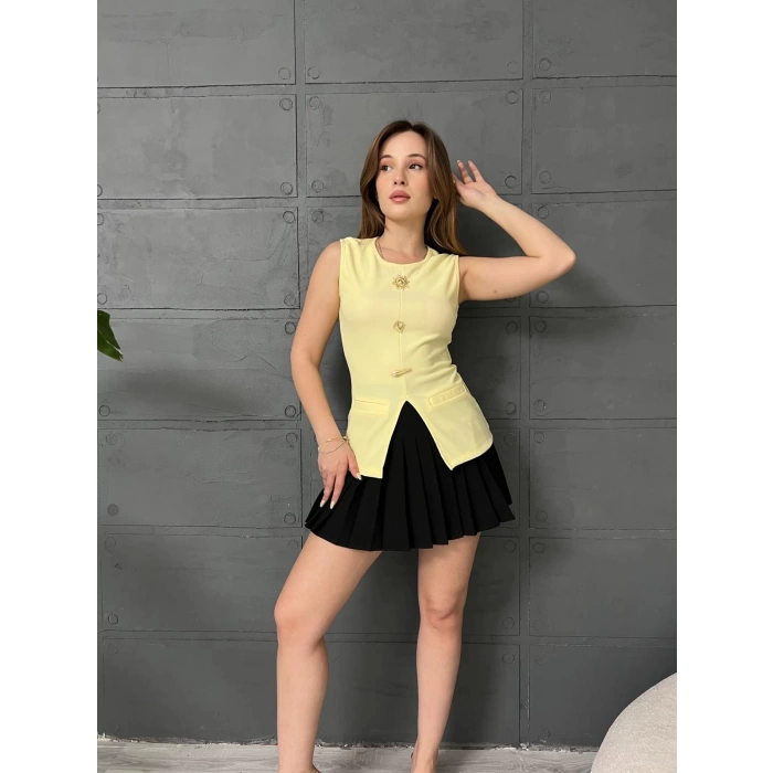 Düğme Detaylı Yelek Sarı