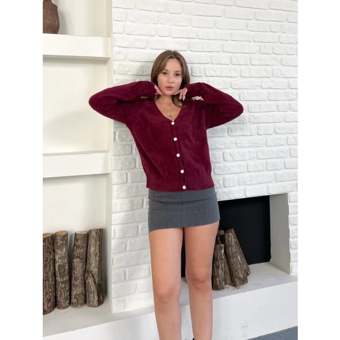 Düğme Detaylı Yumoş Hırka Bordo