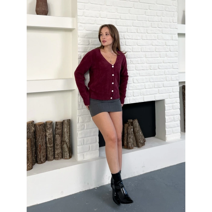 Düğme Detaylı Yumoş Hırka Bordo