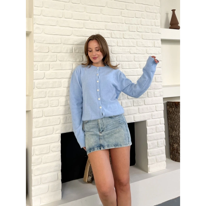 Düğme Detaylı Yumoş Hırka Mavi