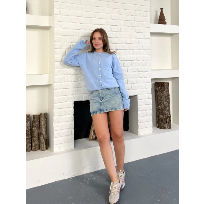 Düğme Detaylı Yumoş Hırka Mavi