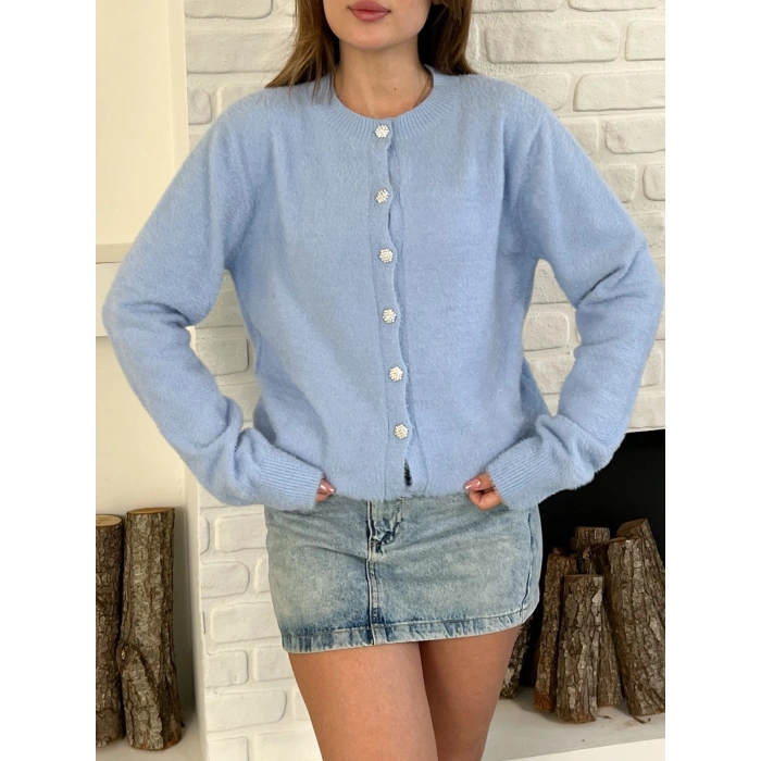 Düğme Detaylı Yumoş Hırka Mavi