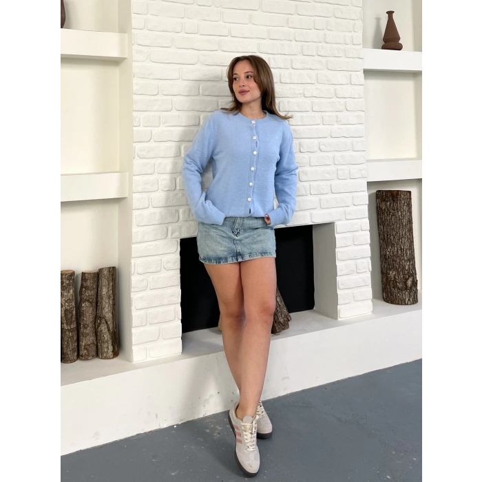 Düğme Detaylı Yumoş Hırka Mavi